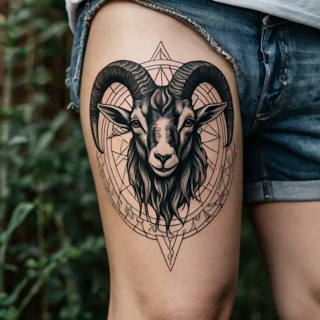 A detailed tattoo of a ram with ornate horns, framed by geometric shapes, symbolizing strength and determination on the thigh.