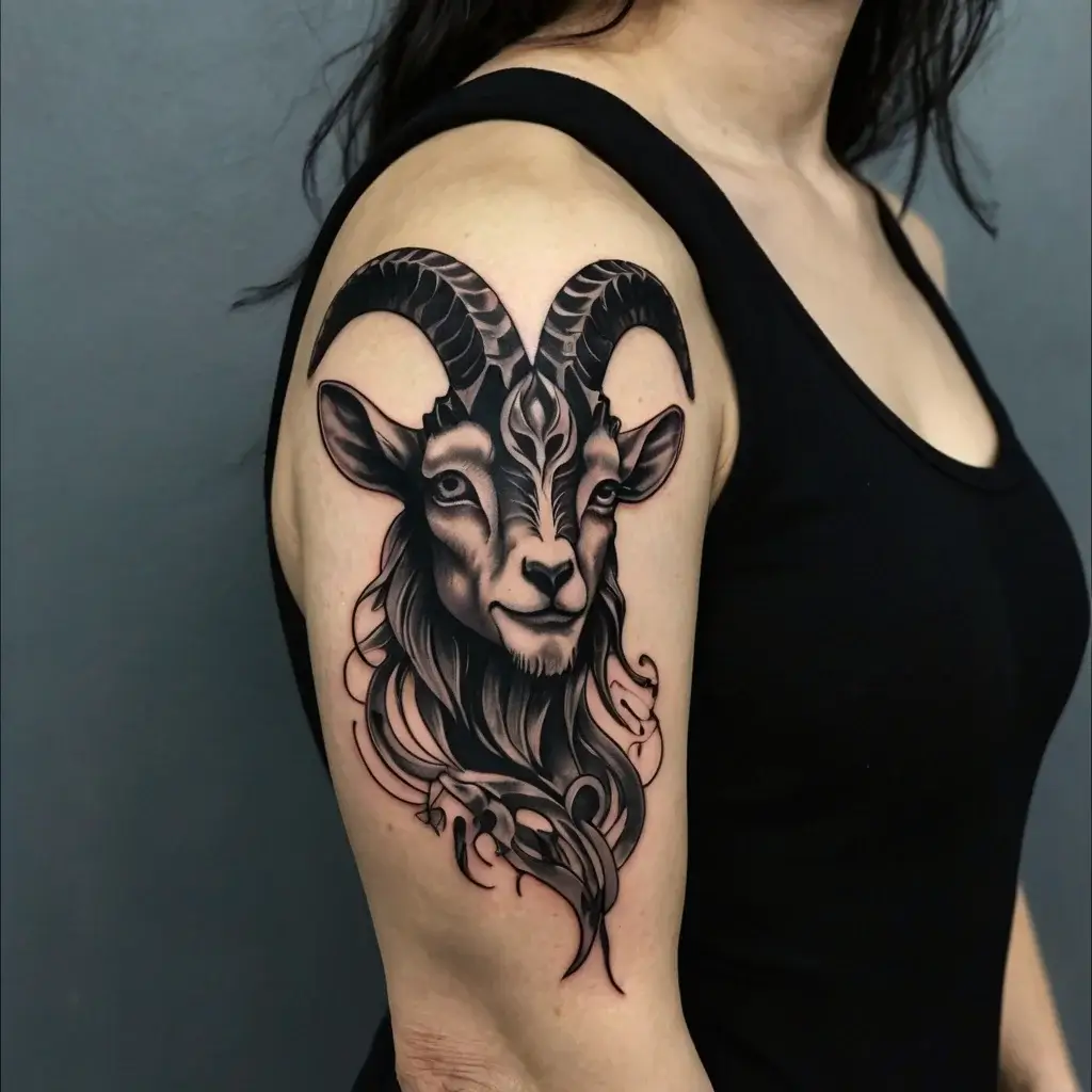 Black and grey tattoo of a detailed goat head with ornate horns and flowing hair on an upper arm.