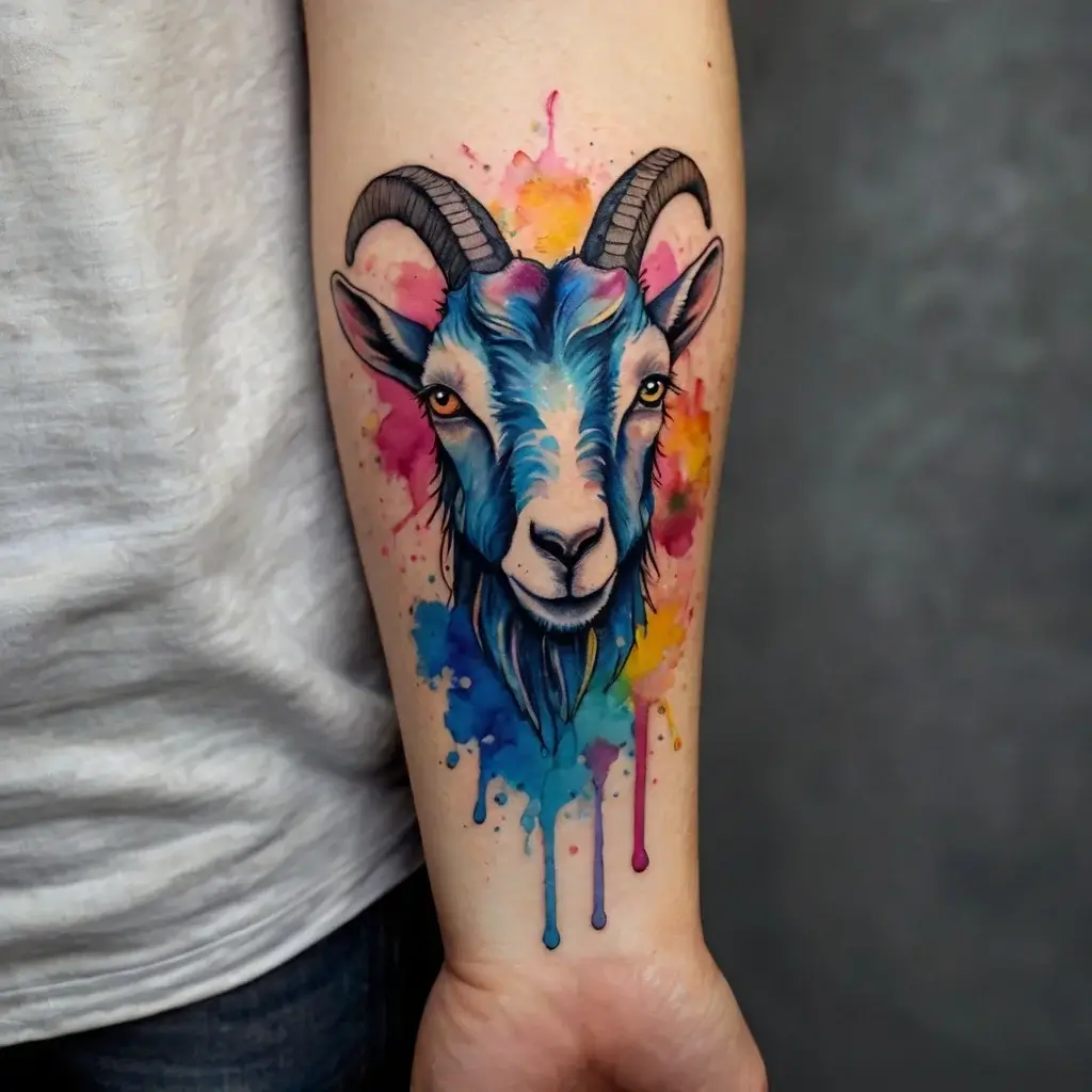 Watercolor goat tattoo with vibrant blue hues and colorful splashes of pink and yellow, creating a dynamic, artistic effect.