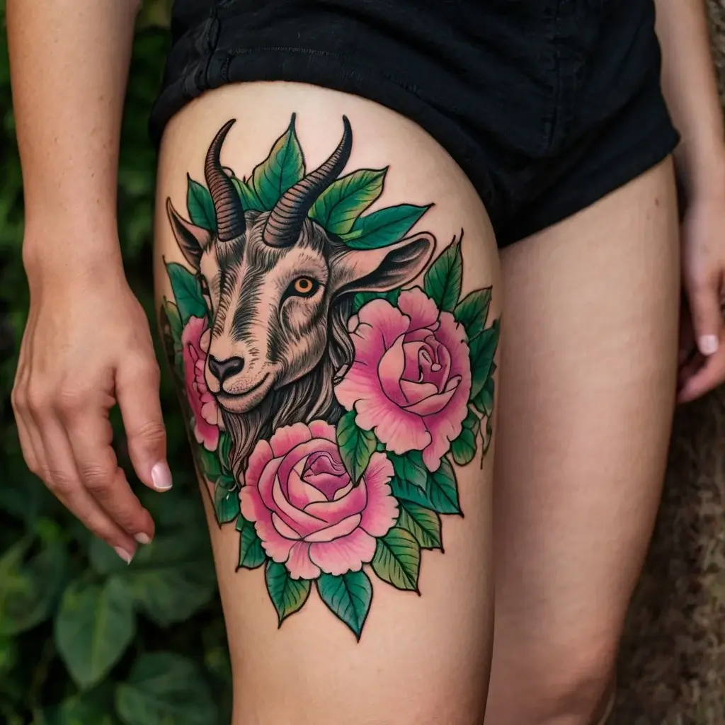 A goat head surrounded by vibrant pink roses and green leaves, detailed with bold outlines and shading on the thigh.