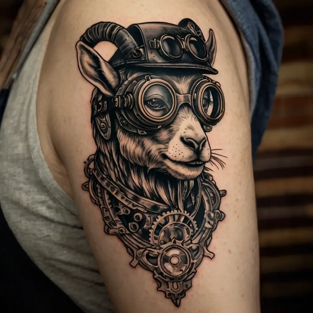 Steampunk goat tattoo with goggles and gears, blending mechanical and animal elements for a unique steampunk style.