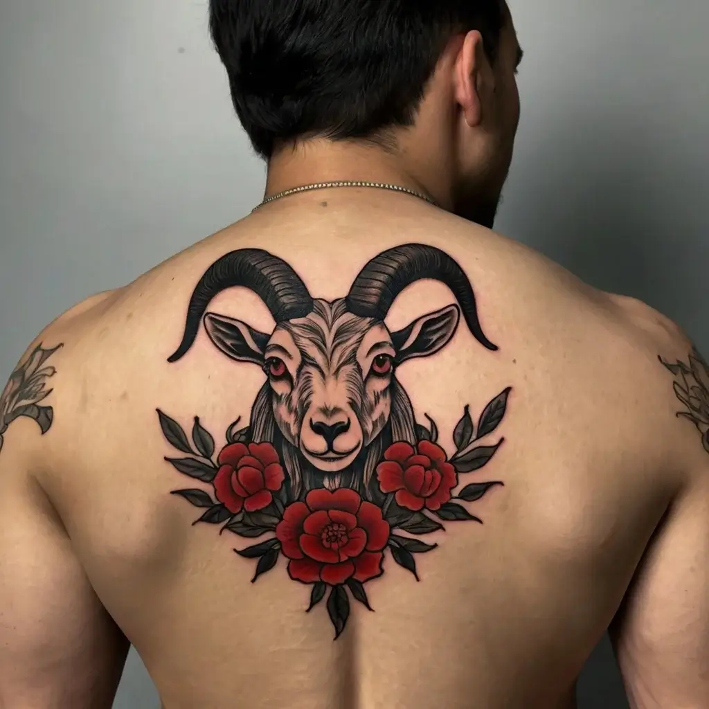 Goat tattoo with bold black horns and vibrant red flowers, symbolizing strength and beauty on the man's upper back.