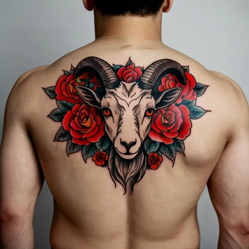 Tattoo of a goat's head with bold horns, surrounded by vivid red roses with green leaves on the back.