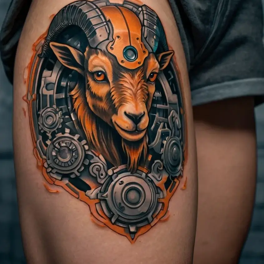 A mechanical ram tattoo with orange highlights, featuring gears and metallic elements. Combines animal and industrial motifs.