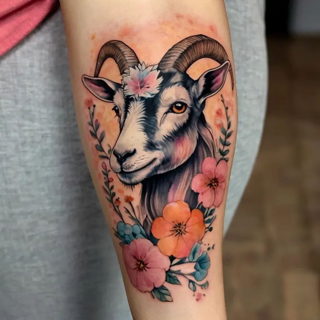 Realistic goat tattoo with colorful flowers and leaves, featuring vibrant hues of orange, pink, and blue against a warm background.