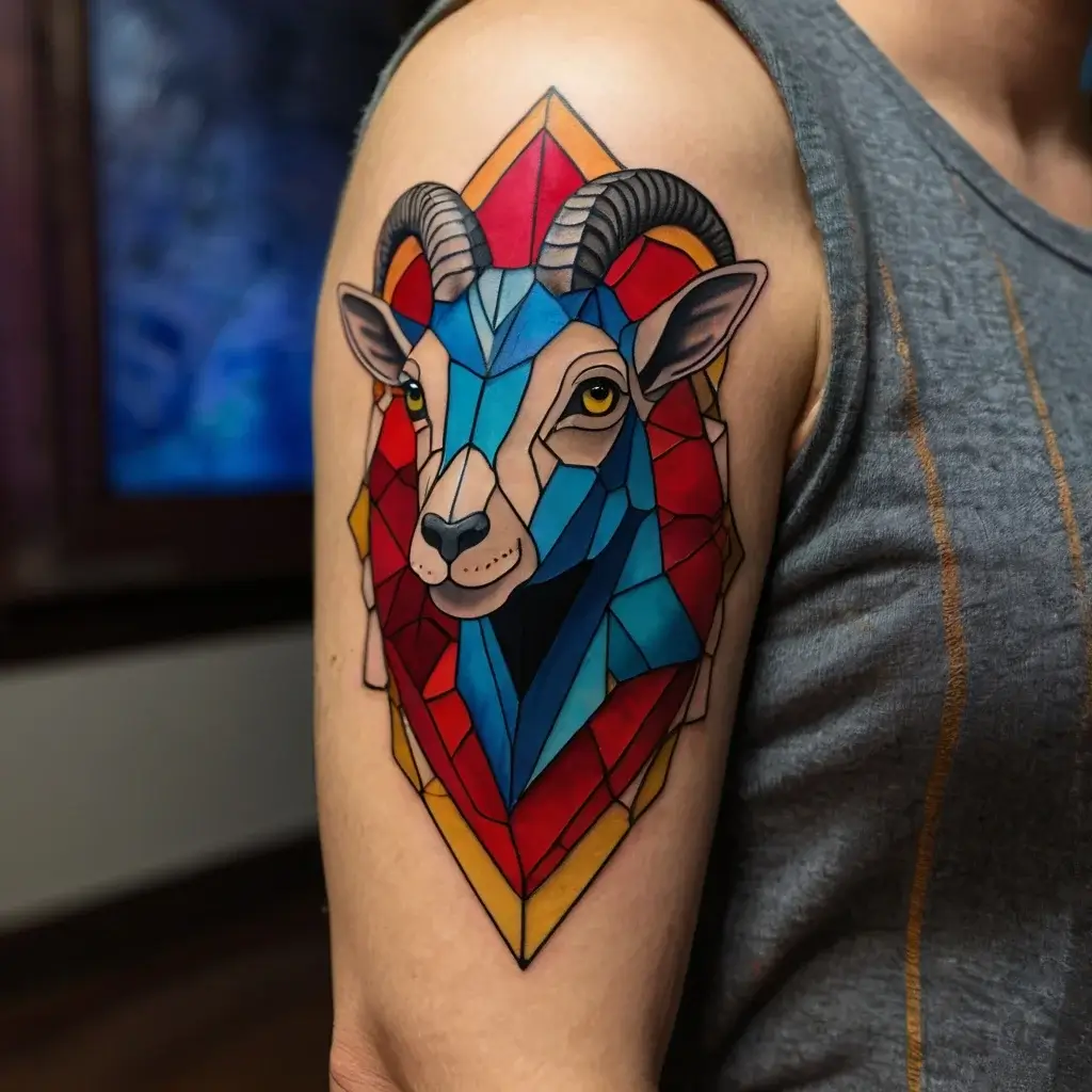 Geometric ram tattoo with vibrant blue, red, and yellow shapes, covering the upper arm in a stained-glass style.