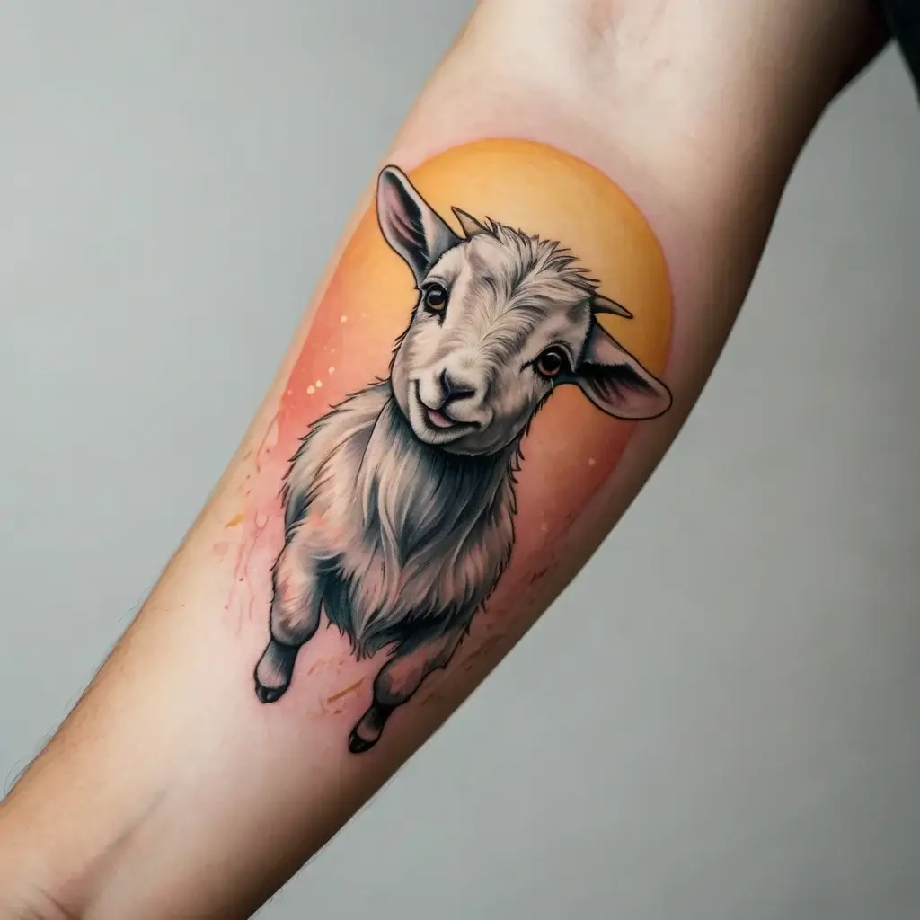 Tattoo of a detailed goat against a warm orange circle, with a watercolor effect adding vibrancy and depth.