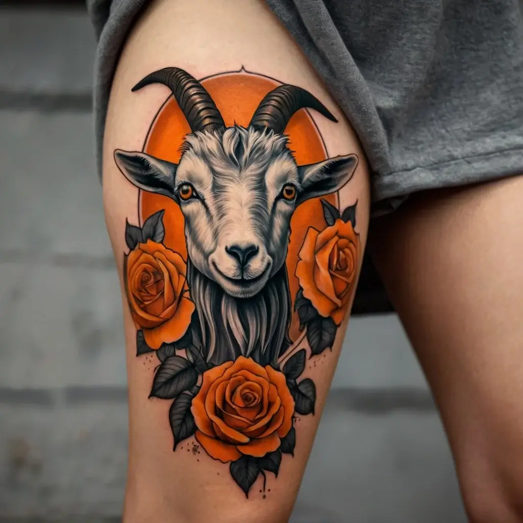 Realistic goat head with striking orange eyes, framed by vivid orange roses, on a thigh tattoo. Bold, symbolic design.