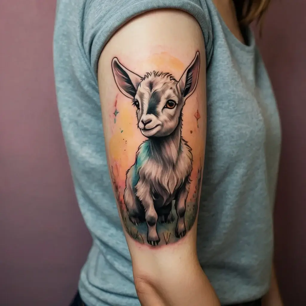 A realistic baby goat tattoo with watercolor splashes and delicate stars on the upper arm, creating a whimsical effect.