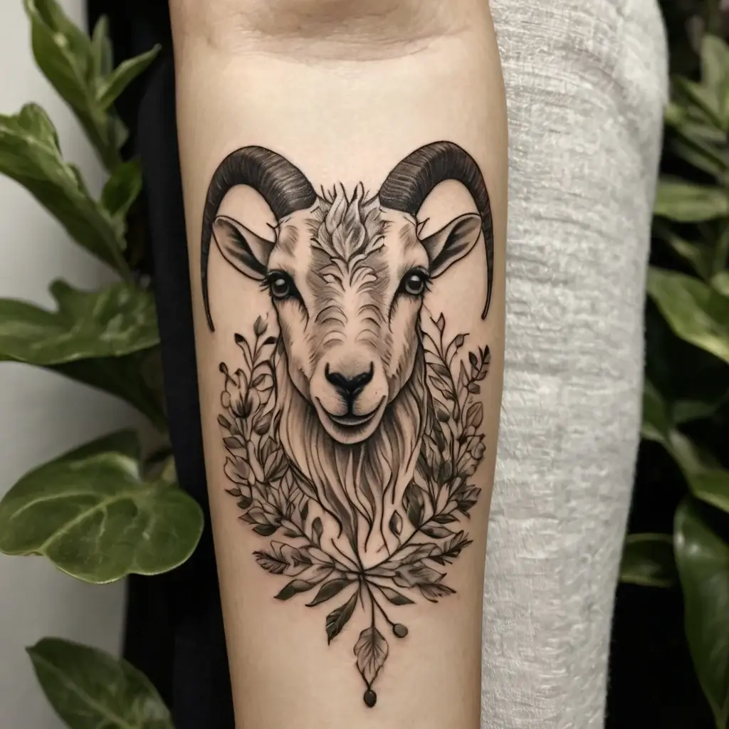 A detailed tattoo of a goat's head with curling horns, framed by intricate leaves and branches, symbolizing nature.