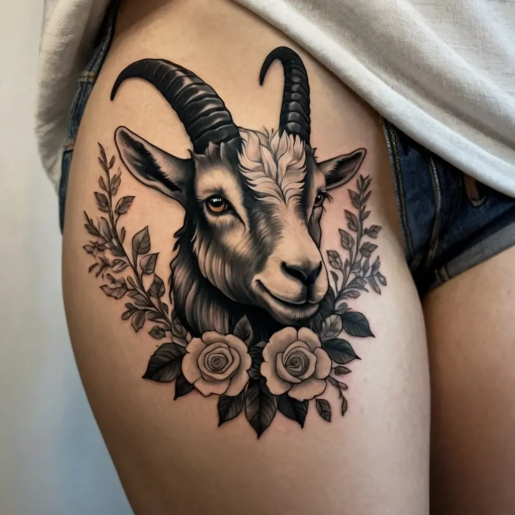 Realistic goat head tattoo with intricate horns, surrounded by shaded roses and foliage on the thigh.