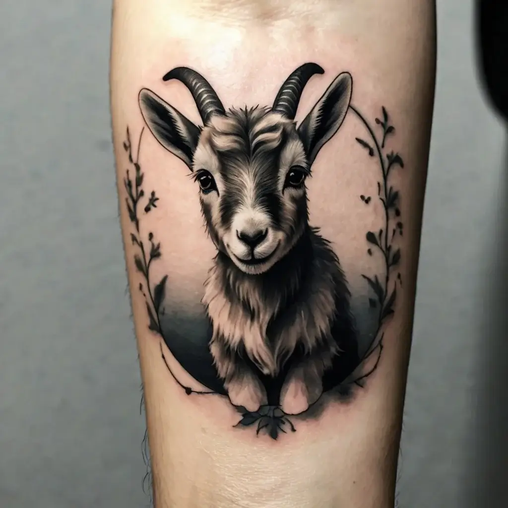 Realistic goat portrait tattoo surrounded by a circular floral frame, blending soft shading and detailed linework.