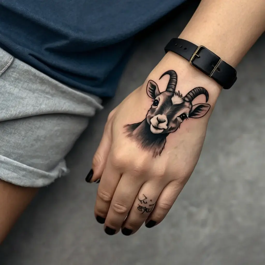 Realistic ram head tattoo on the hand, featuring detailed shading and defined horns, symbolizing strength and determination.