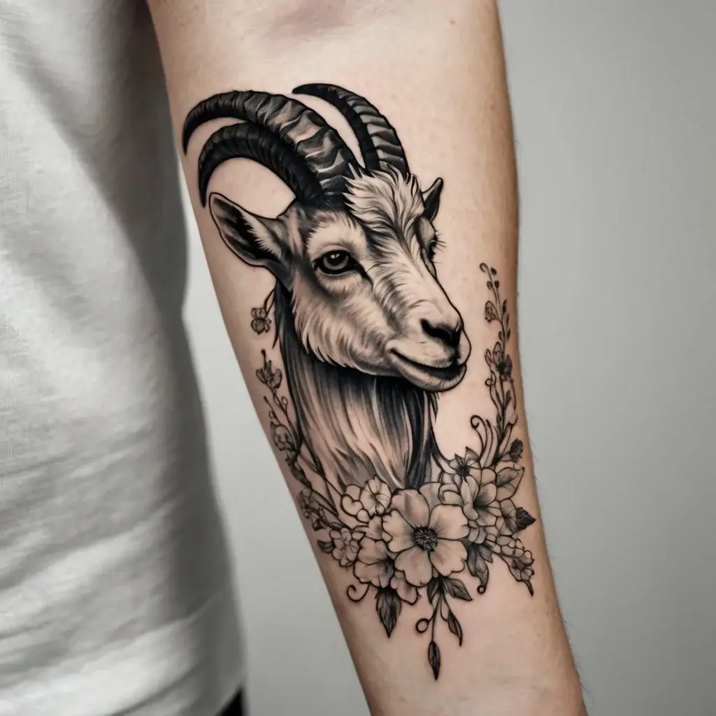 Realistic goat head tattoo adorned with detailed flowers and leaves, blending nature and animal symbolism.