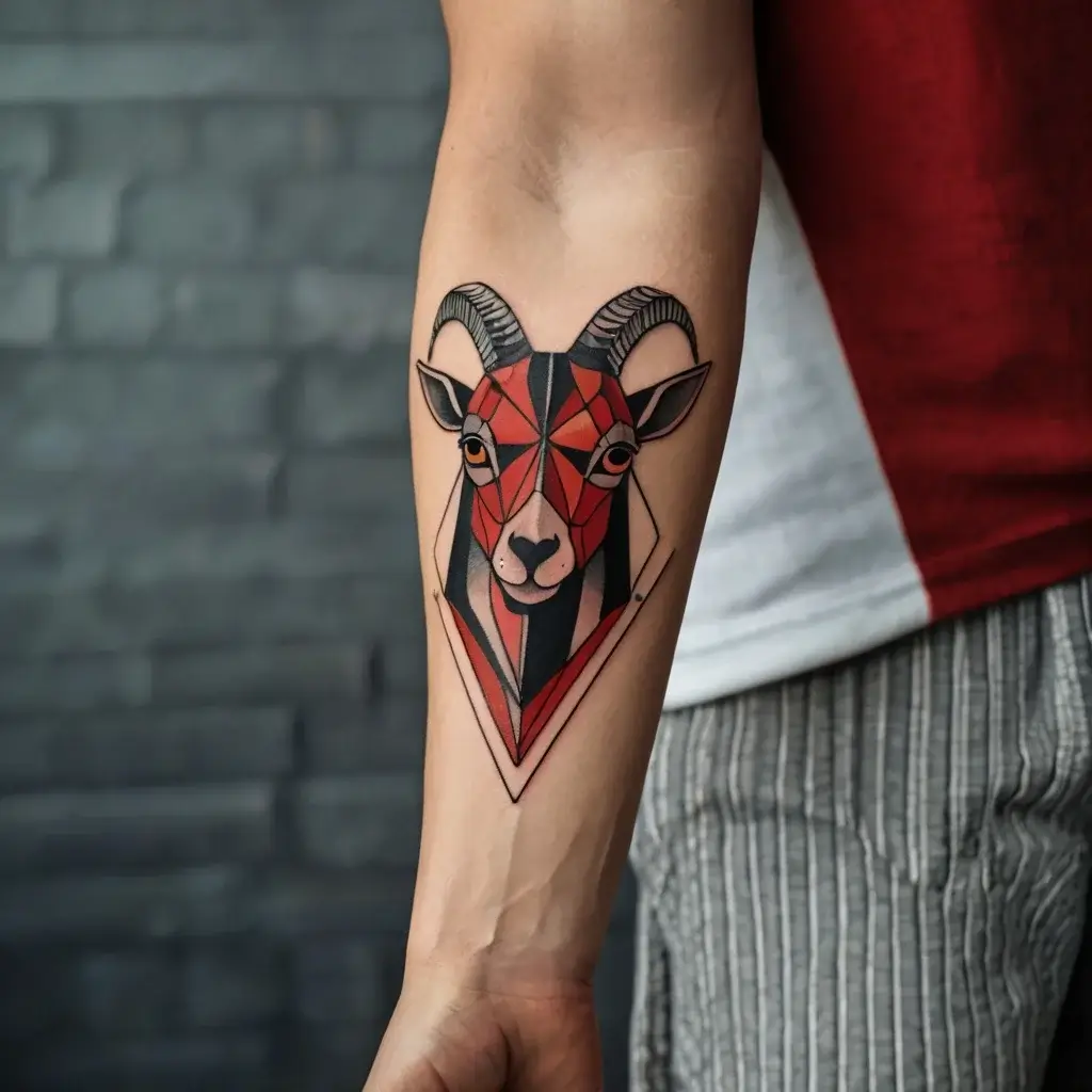 Geometric goat tattoo on the forearm in red and black tones, featuring angular patterns and bold lines.