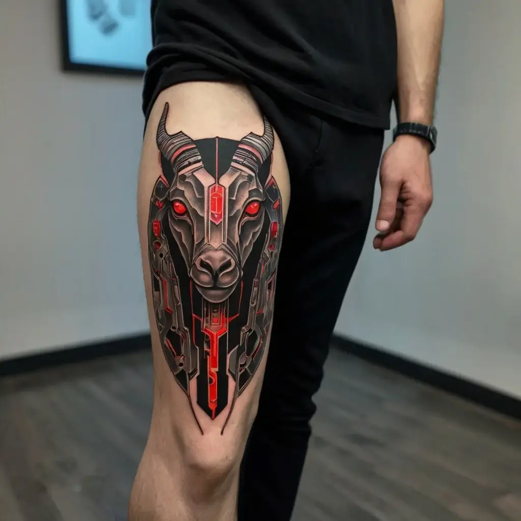 Tattoo of a futuristic bull's head with red glowing eyes and cybernetic details, spanning the thigh with intricate lines.