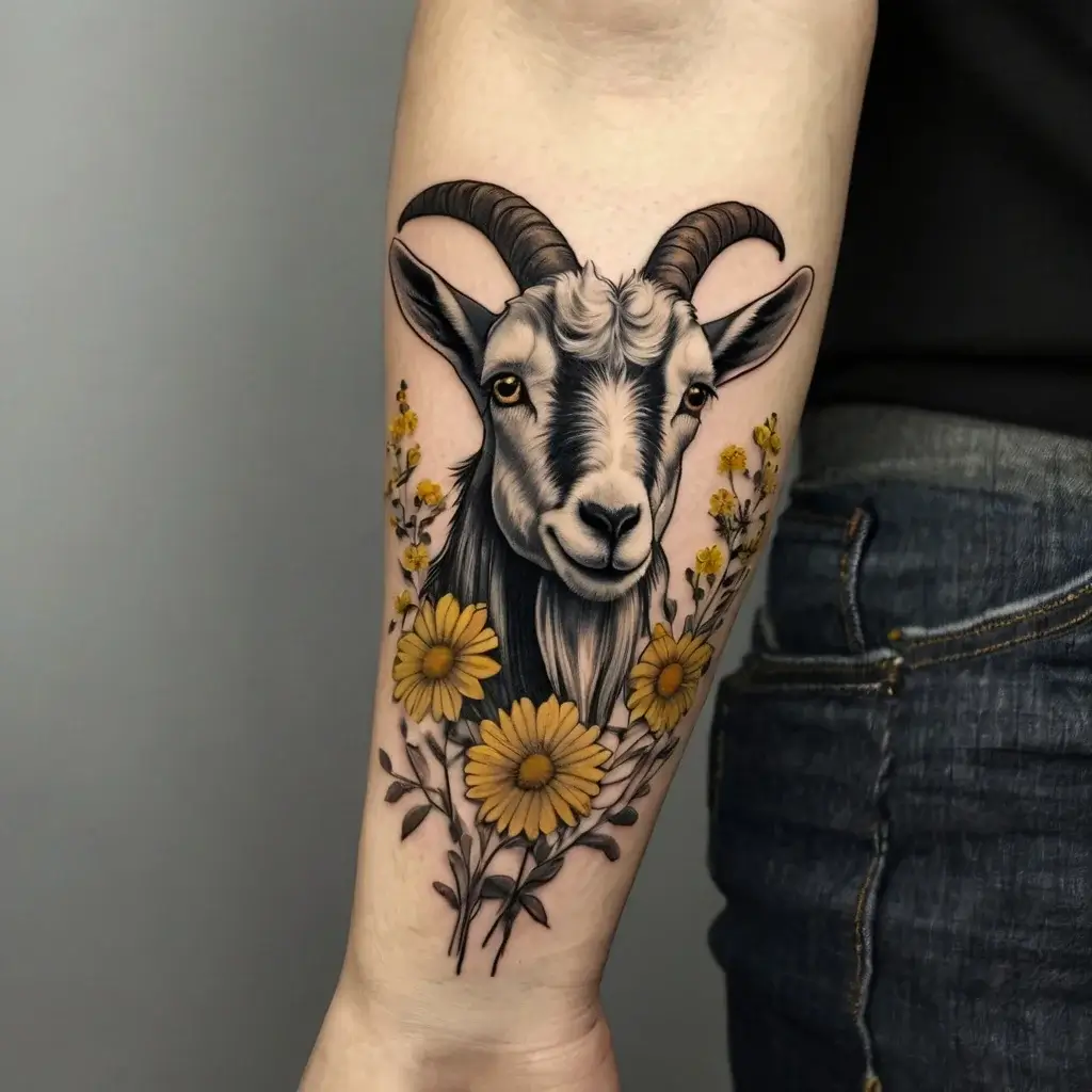 Realistic goat head tattoo surrounded by vibrant yellow flowers, blending nature and animal motifs on forearm.