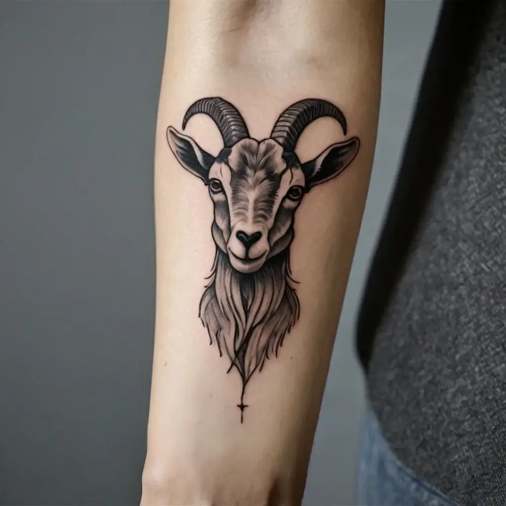 Black ink goat head tattoo with detailed fur and curved horns, elegantly styled with a blend of realism and minimalism.