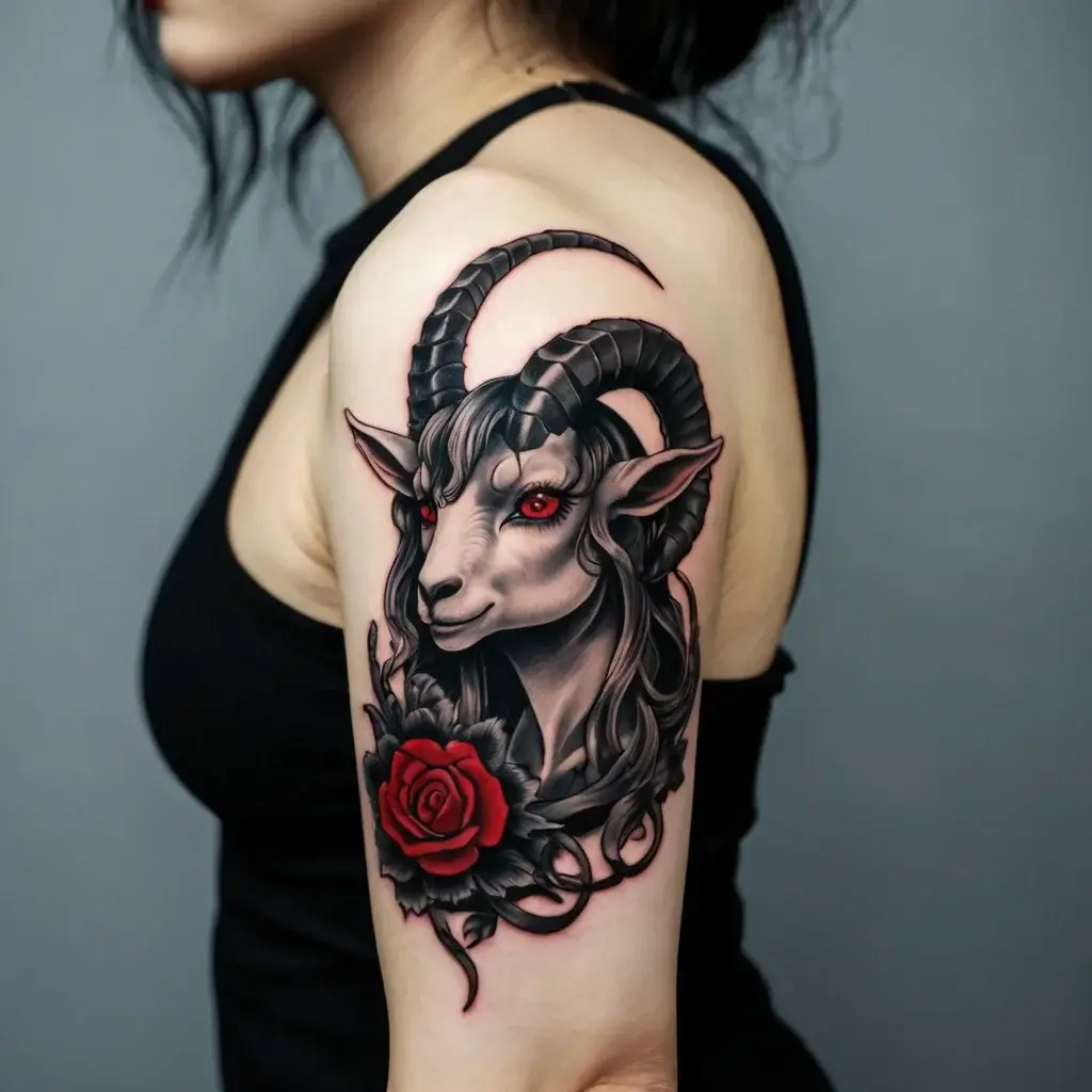 Tattoo design of a horned goat with vibrant red eyes and a dark mane, paired with a detailed red rose on the shoulder.