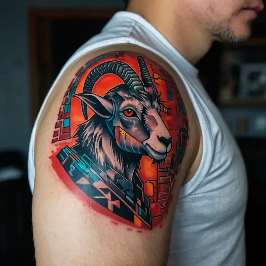 Tattoo of a geometric goat with bold colors and abstract shapes on the shoulder, blending modern and traditional styles.