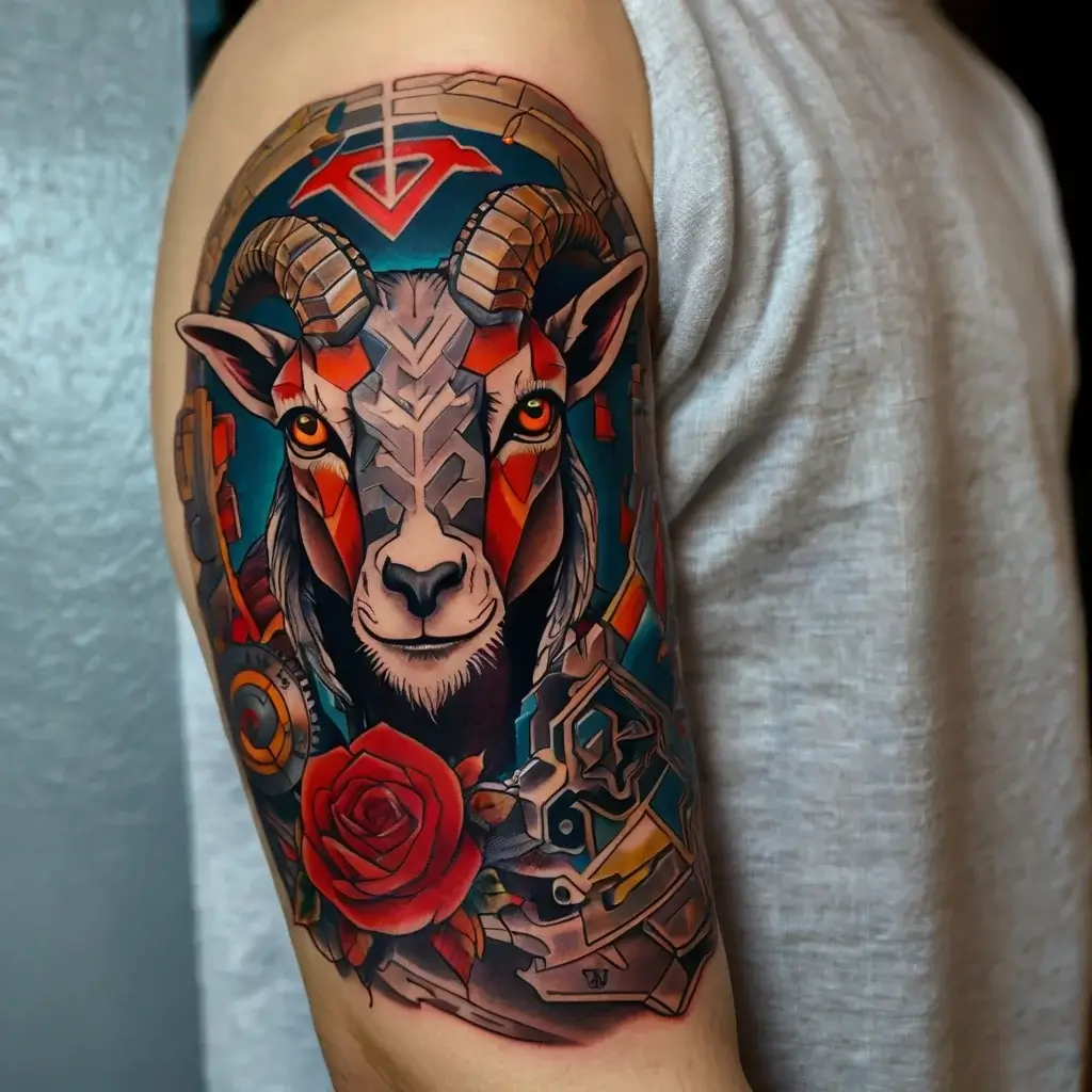 Tattoo of a stylized ram with intricate geometric patterns, a red rose, and vibrant colors on the upper arm.