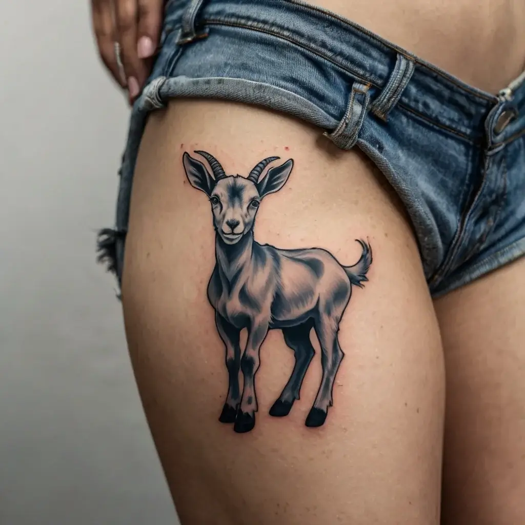 Realistic goat tattoo on thigh, shaded in monochrome, detailed fur and horns, conveys strength and playfulness.