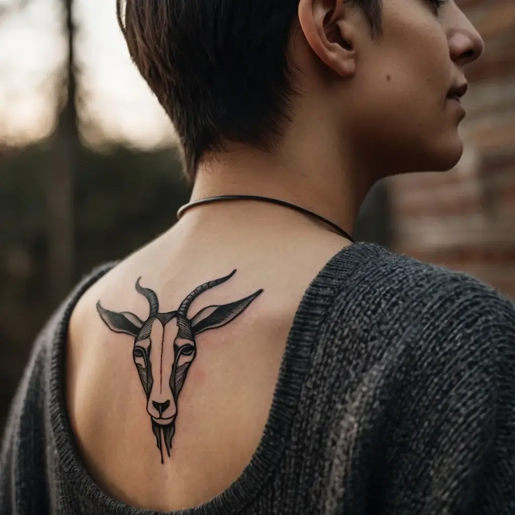 Geometric goat tattoo on upper back, with bold lines and shading, symbolizing independence and resilience.