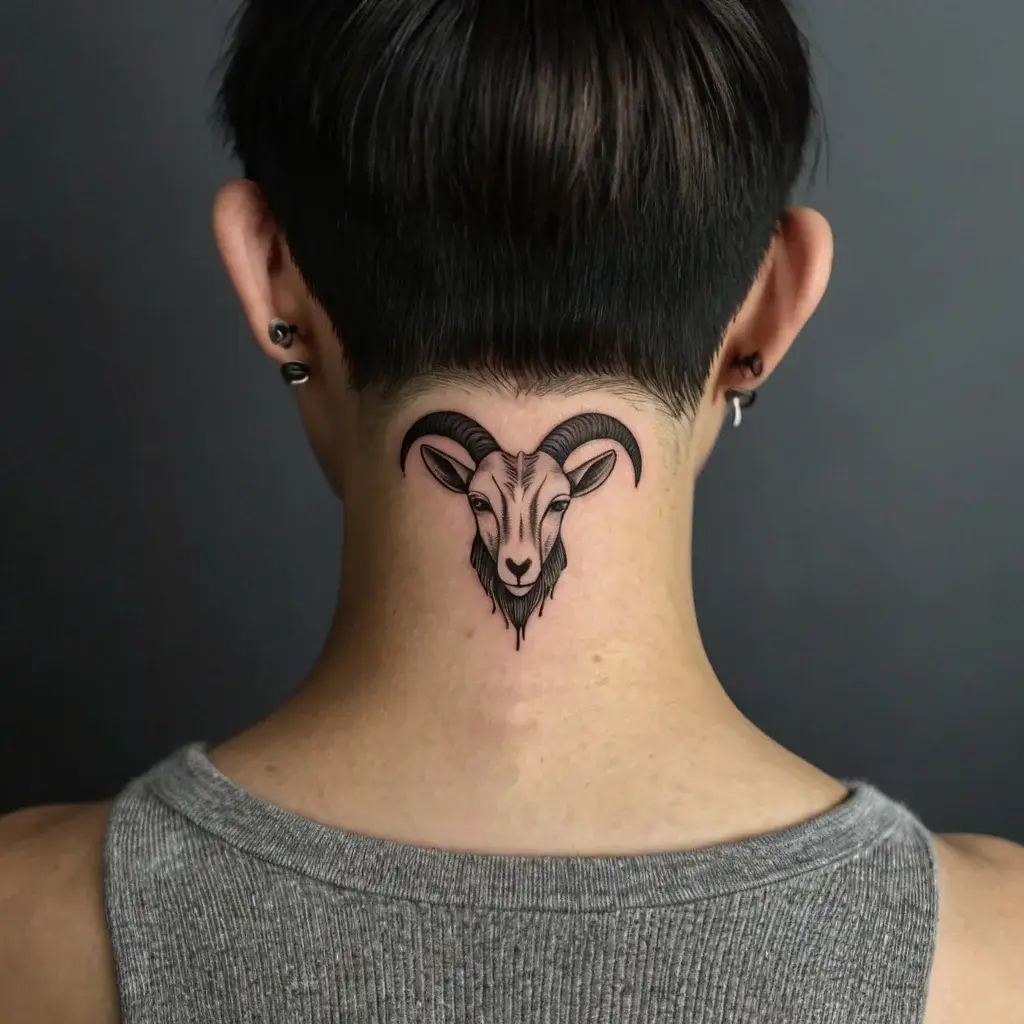 Tattoo of a stylized goat head with curved horns on the neck, featuring minimalist shading and bold outlines.