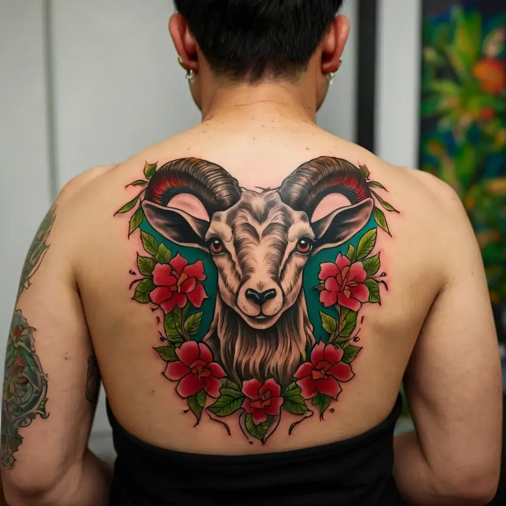 Back tattoo of a ram with detailed horns, surrounded by vibrant red flowers and green leaves, showcasing bold colors.