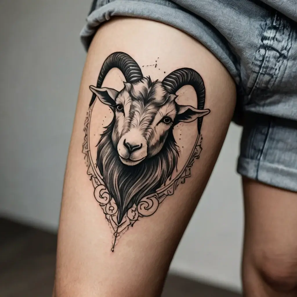 Intricate goat head tattoo with bold horns, framed by decorative elements on the thigh, symbolizing strength and resilience.