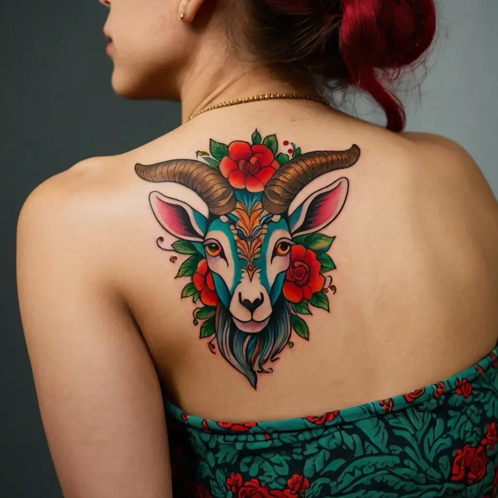 Tattoo of a stylized goat with ornate horns, vibrant red flowers, and green leaves, centered on the woman's upper back.