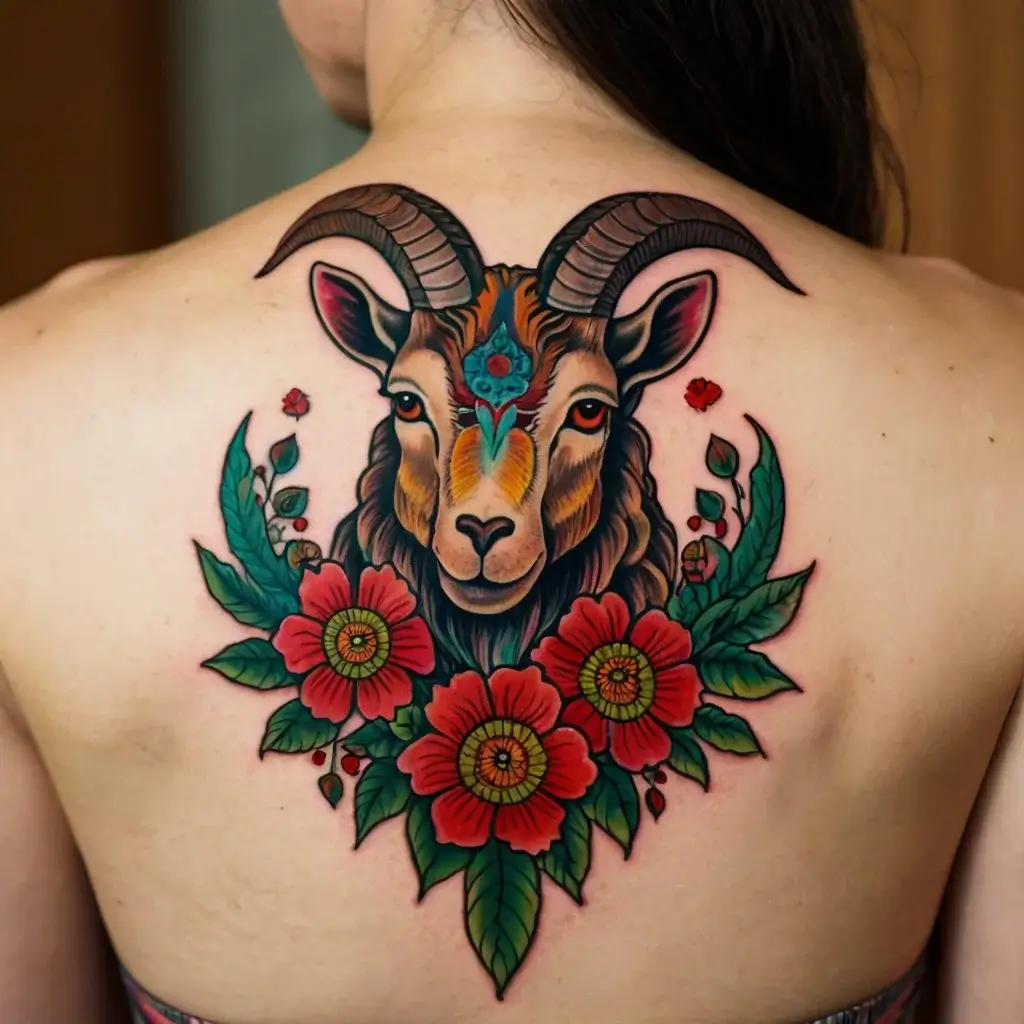 Bold back tattoo of a ram with ornate horns, surrounded by vibrant red flowers and lush green leaves.