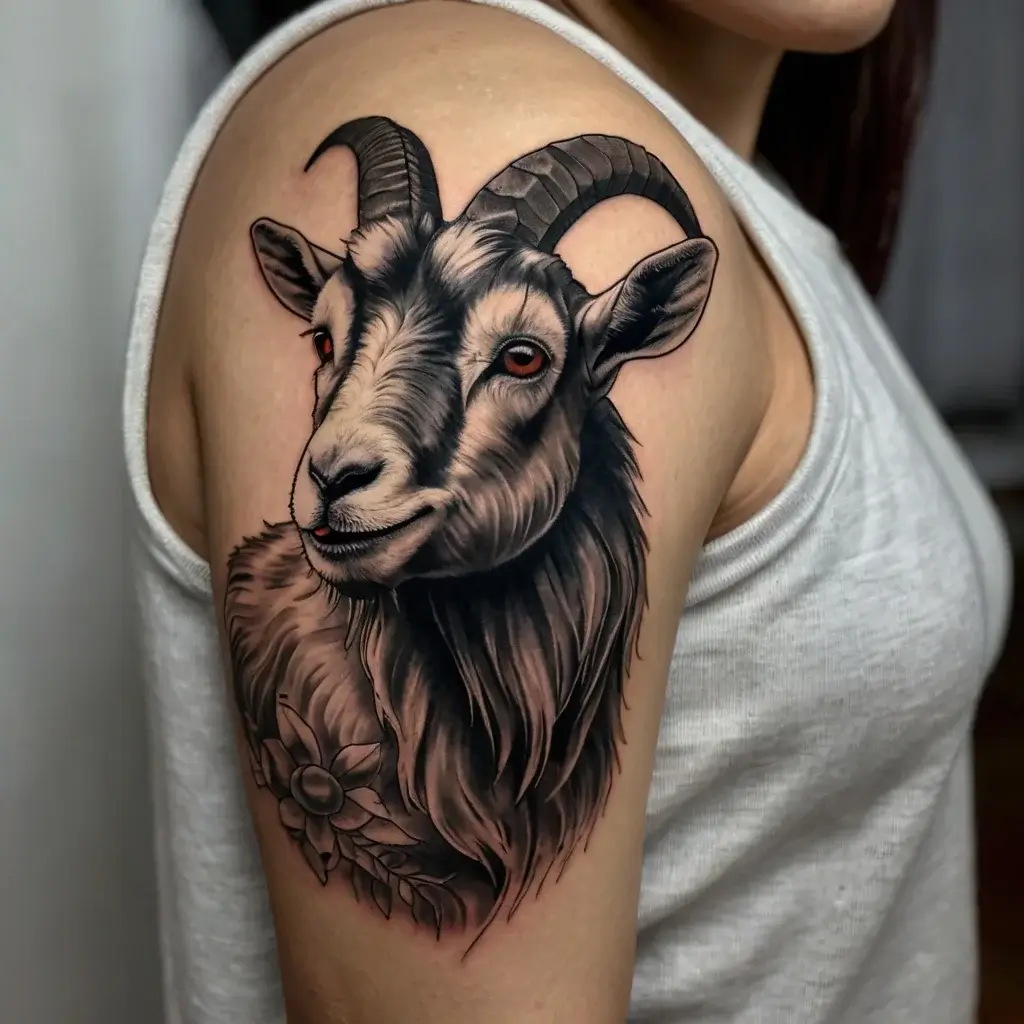 Detailed black and grey tattoo of a goat on upper arm, featuring intricate fur texture and a flower below.