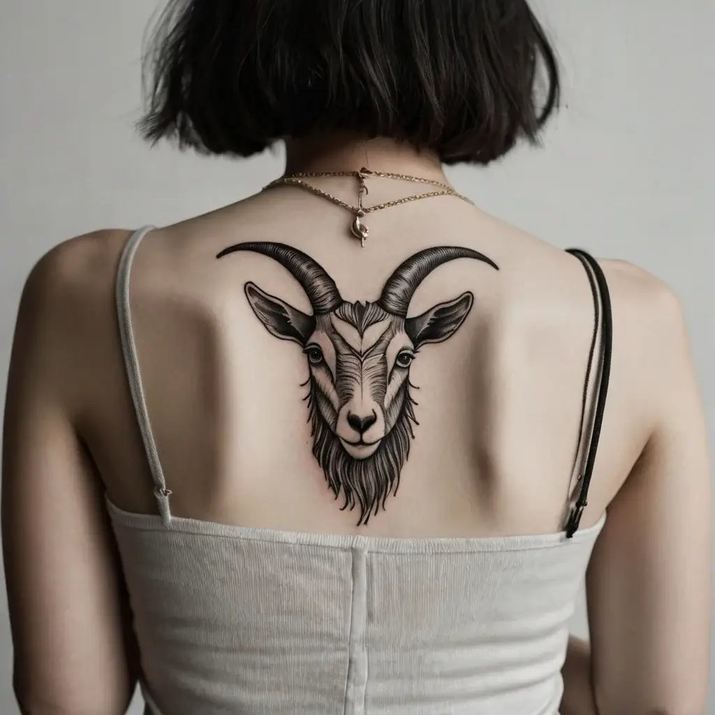 Detailed goat head tattoo on upper back, featuring intricate linework and shading to emphasize fur and horns.