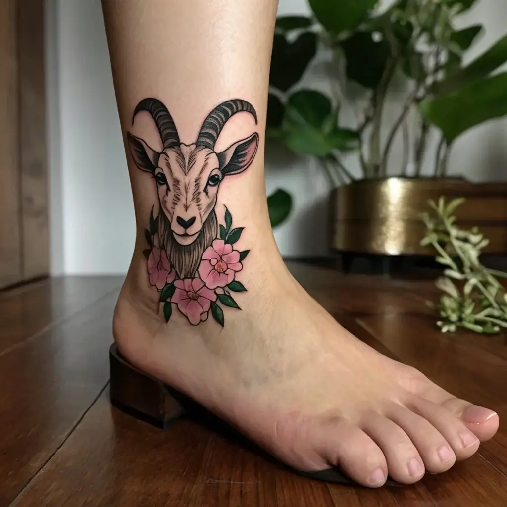 Tattoo of a goat's head with detailed horns, surrounded by pink flowers and green leaves on the side of the ankle.