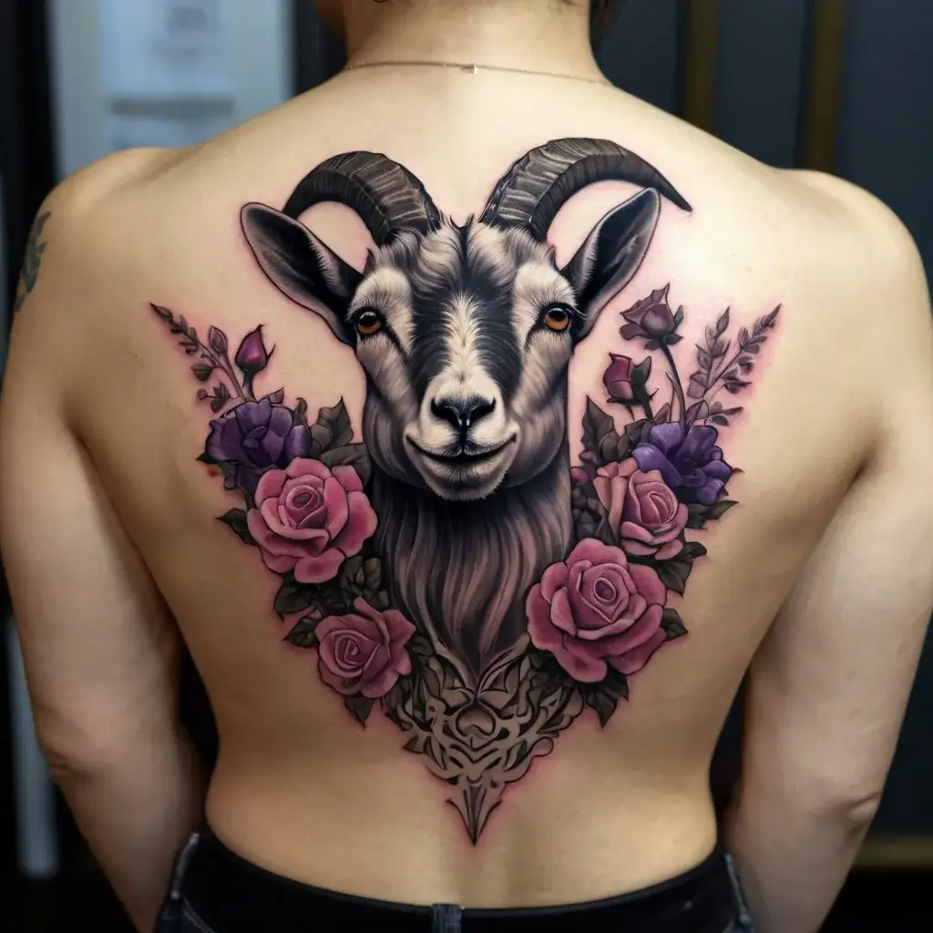 Goat head with detailed expression surrounded by vibrant roses and foliage, blending realism with artistic flair.