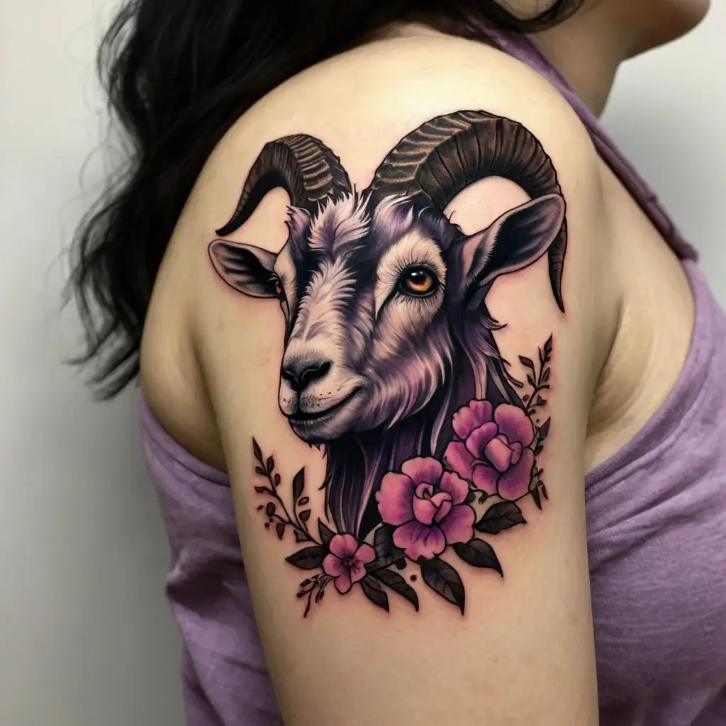 Detailed goat head tattoo with realistic shading, surrounded by vibrant pink flowers and leaves on the upper arm.