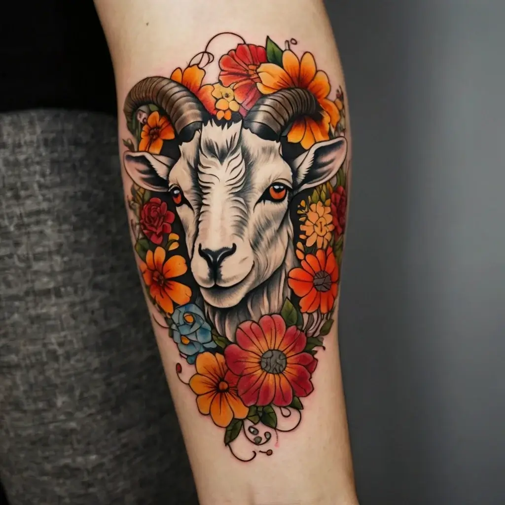 A detailed goat head with vibrant orange and red flowers encircling it, showcasing bold outlines and bright colors.