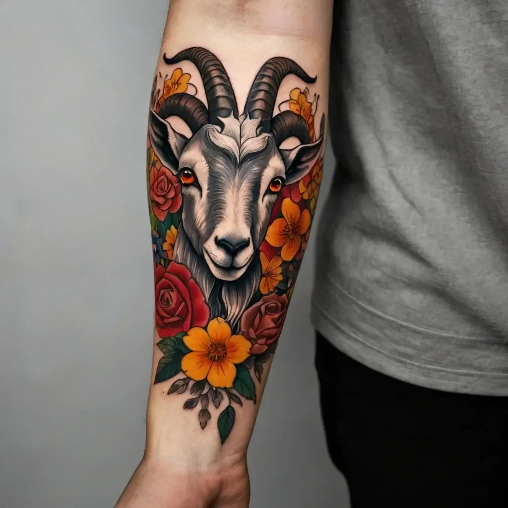 Tattoo of a goat with detailed horns surrounded by vibrant orange and red flowers on the forearm.