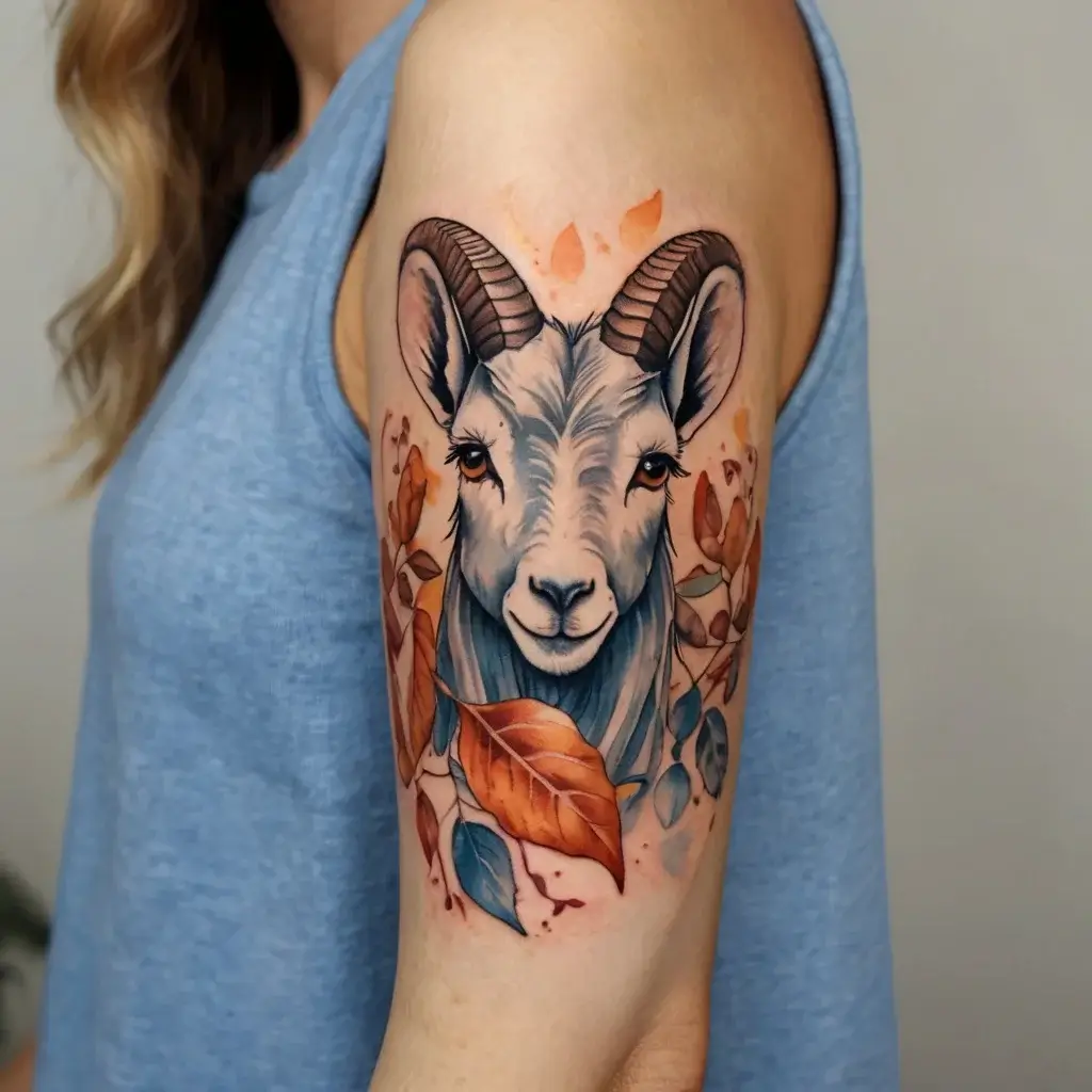 Realistic ram tattoo with flowing autumn leaves in orange and blue hues, blending nature with animal symbolism.