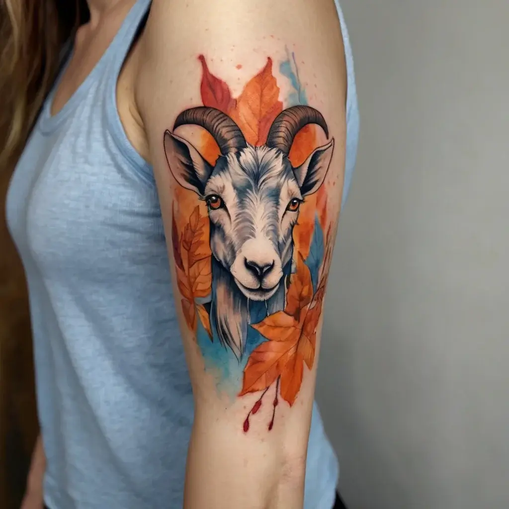 Realistic goat head tattoo with vibrant orange leaves and blue accents, blending nature and art in striking colors.