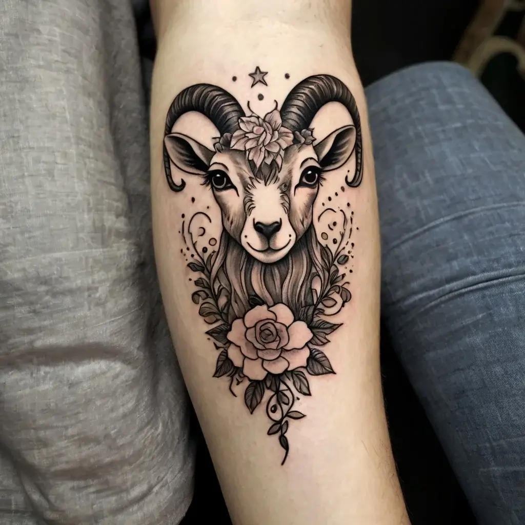 Tattoo of a detailed goat head with floral accents and a central rose, framed by subtle embellishments and a star.