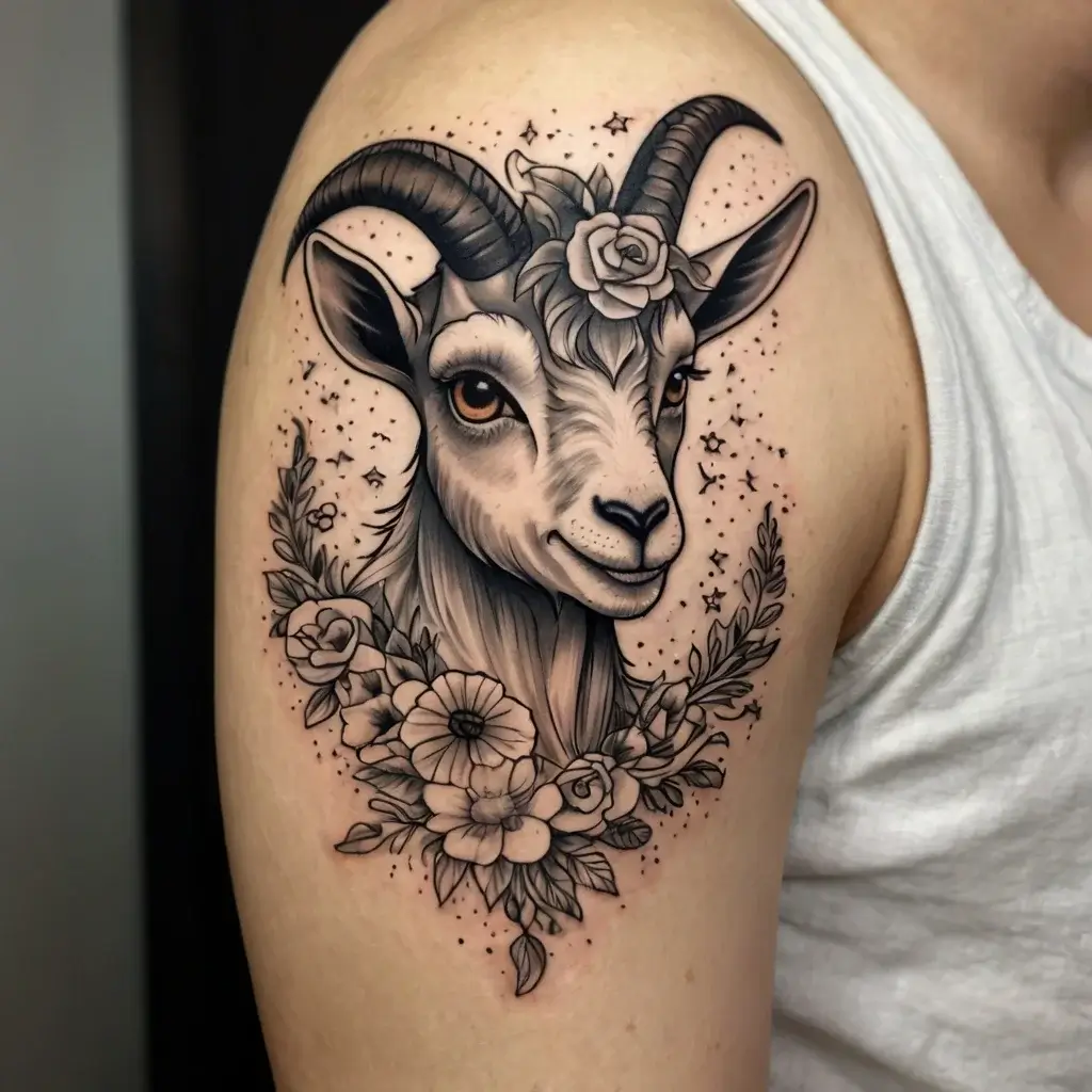 Tattoo of a goat with a rose on its head, surrounded by foliage and flowers, adorned with stars, on the upper arm.