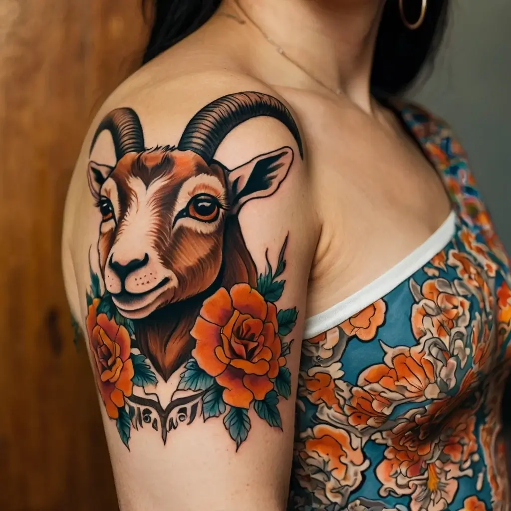 Tattoo of a ram with detailed horns, surrounded by vivid orange roses and green leaves on the upper arm.