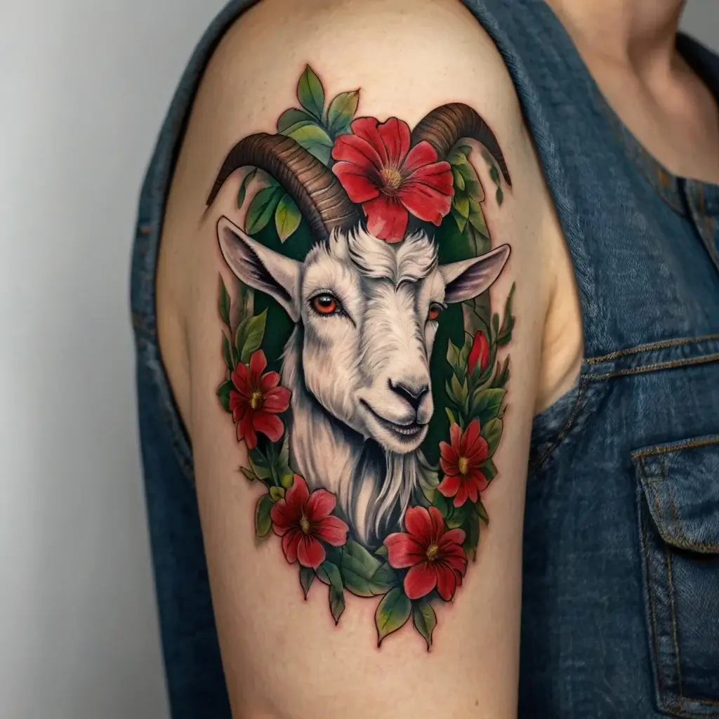 Tattoo of a goat with realistic detail, surrounded by vibrant red flowers and green leaves, creating a vivid, nature-inspired design.