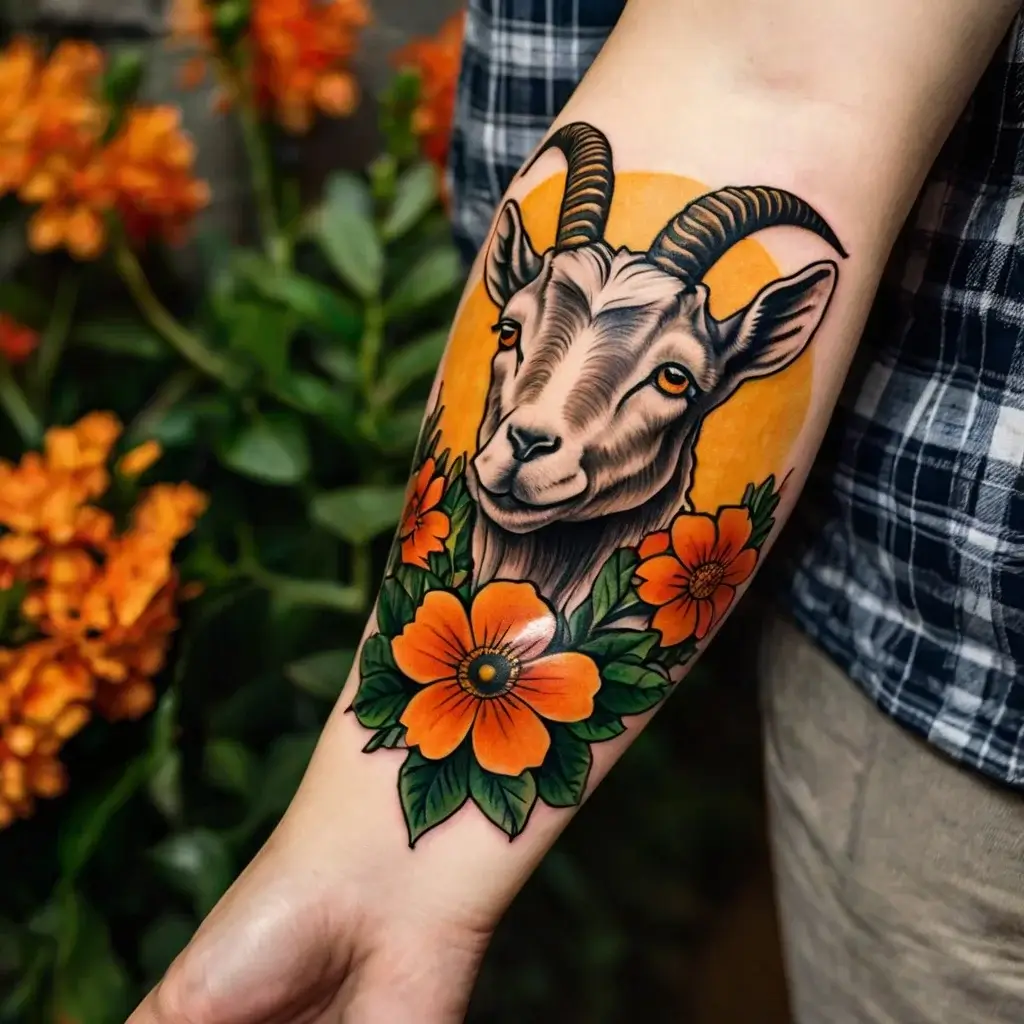 Tattoo of a goat head with vibrant horns, surrounded by vivid orange flowers and lush green leaves on the forearm.