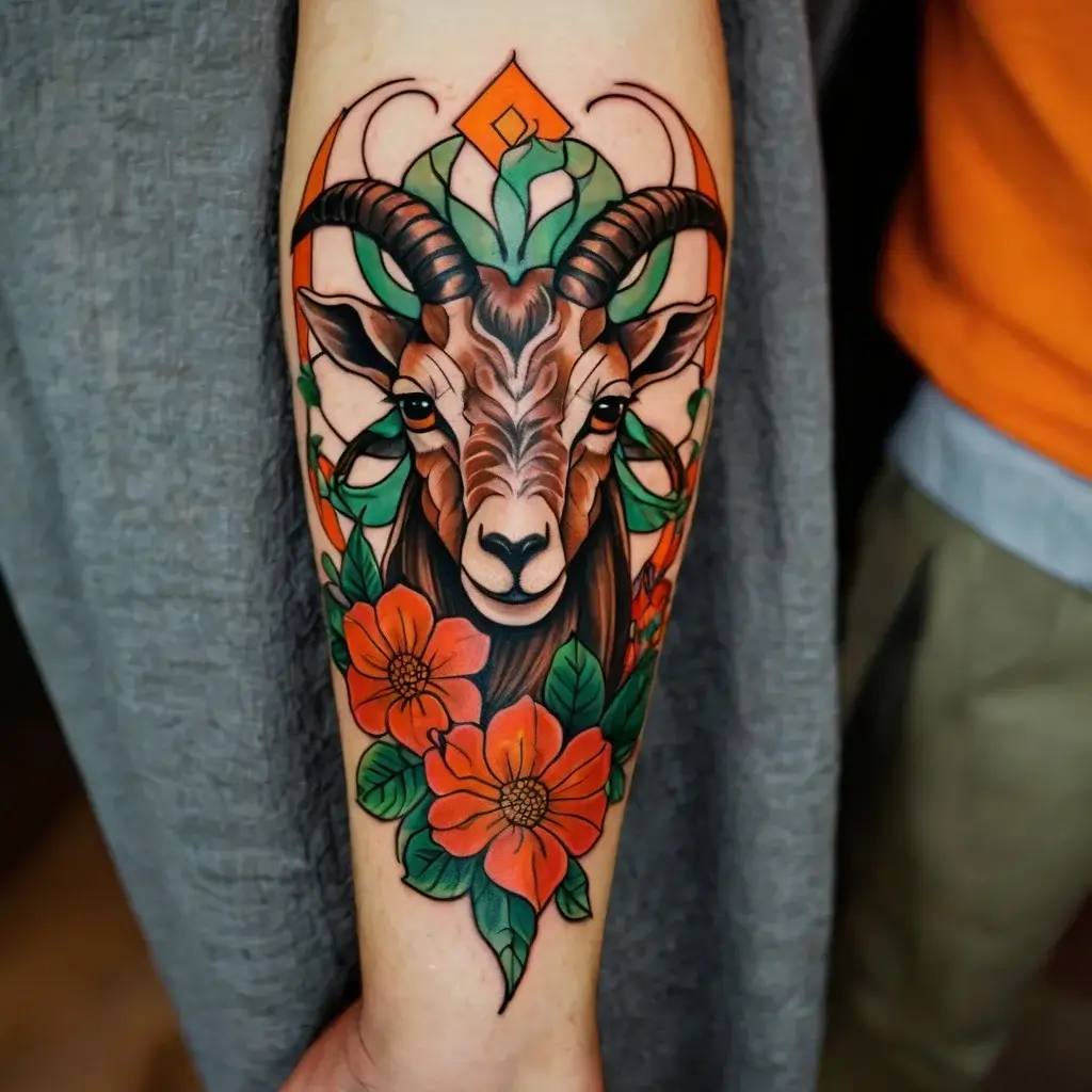 A colorful tattoo of a ram with elaborate horns surrounded by orange flowers and green leaves, highlighting nature.