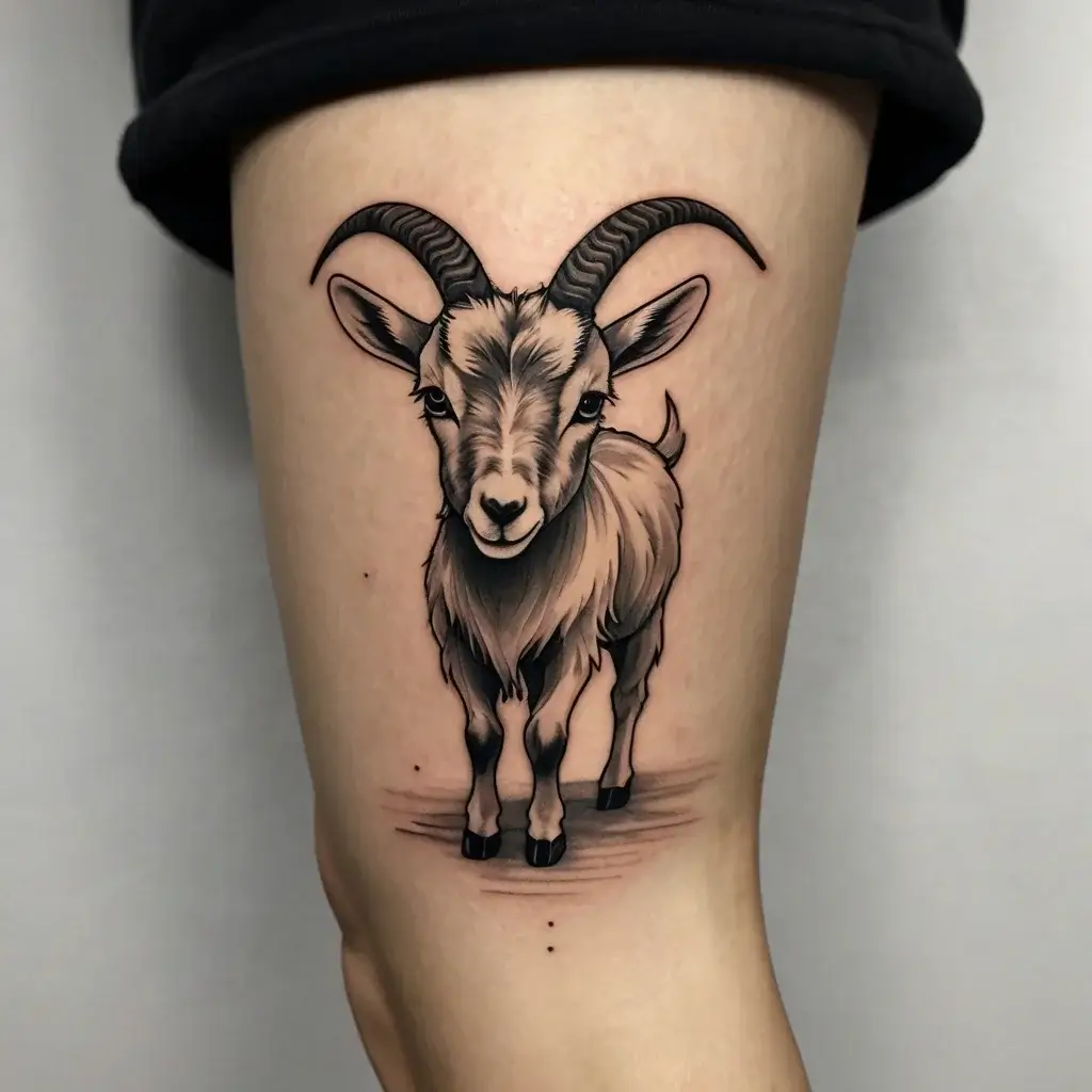 Realistic goat tattoo in black and grey on the arm, showcasing detailed fur and curved horns with subtle shadowing.