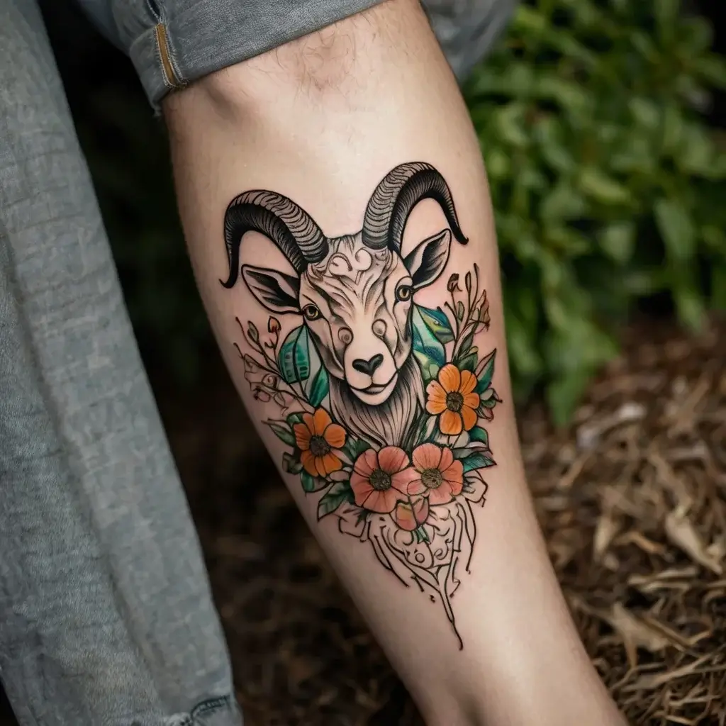 Tattoo of a detailed goat head with large horns, surrounded by colorful flowers and green leaves on the leg.