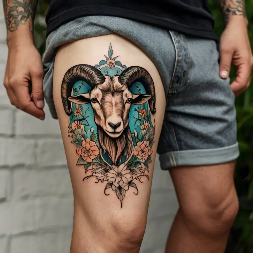 A detailed ram head tattoo on the thigh, surrounded by vibrant flowers with a blue background, showcasing bold, intricate lines.